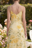 Load image into Gallery viewer, Ruched Floral Sheath Butter Yellow Maxi Spaghetti Straps Wedding Guest Dress