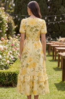 Load image into Gallery viewer, Floral Butter Yellow Puff Sleeves Ruffled A Line Maxi Wedding Guest Dress with Bow
