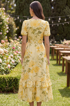 Floral Butter Yellow Puff Sleeves Ruffled A Line Maxi Wedding Guest Dress with Bow