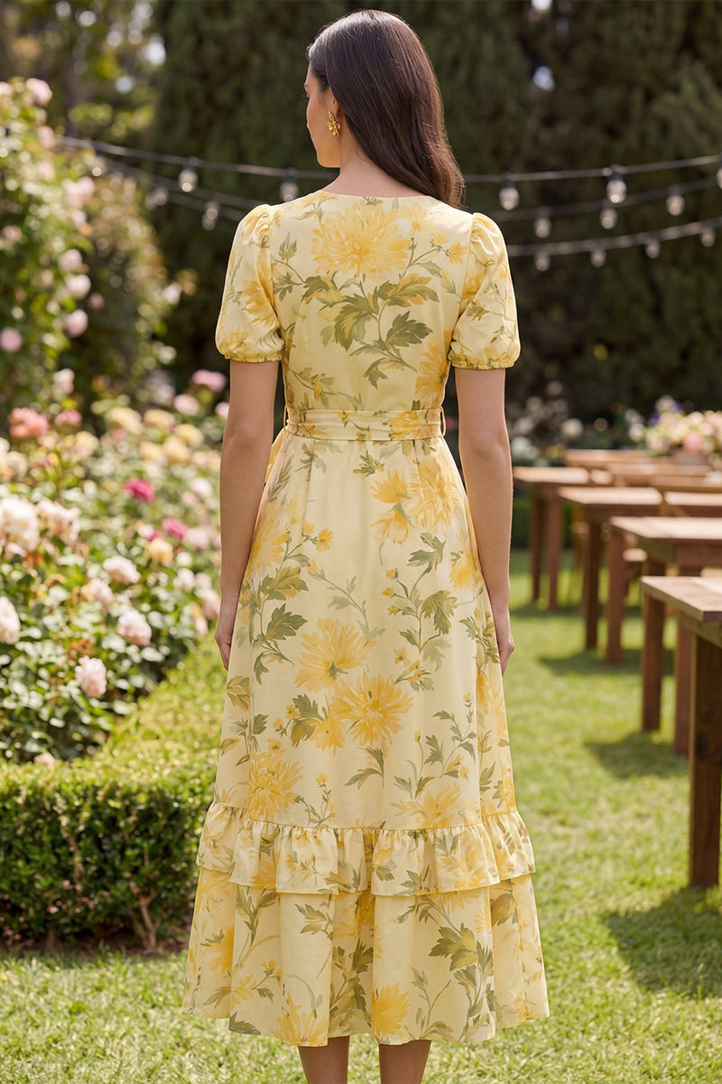 Load image into Gallery viewer, Floral Butter Yellow Puff Sleeves Ruffled A Line Maxi Wedding Guest Dress with Bow