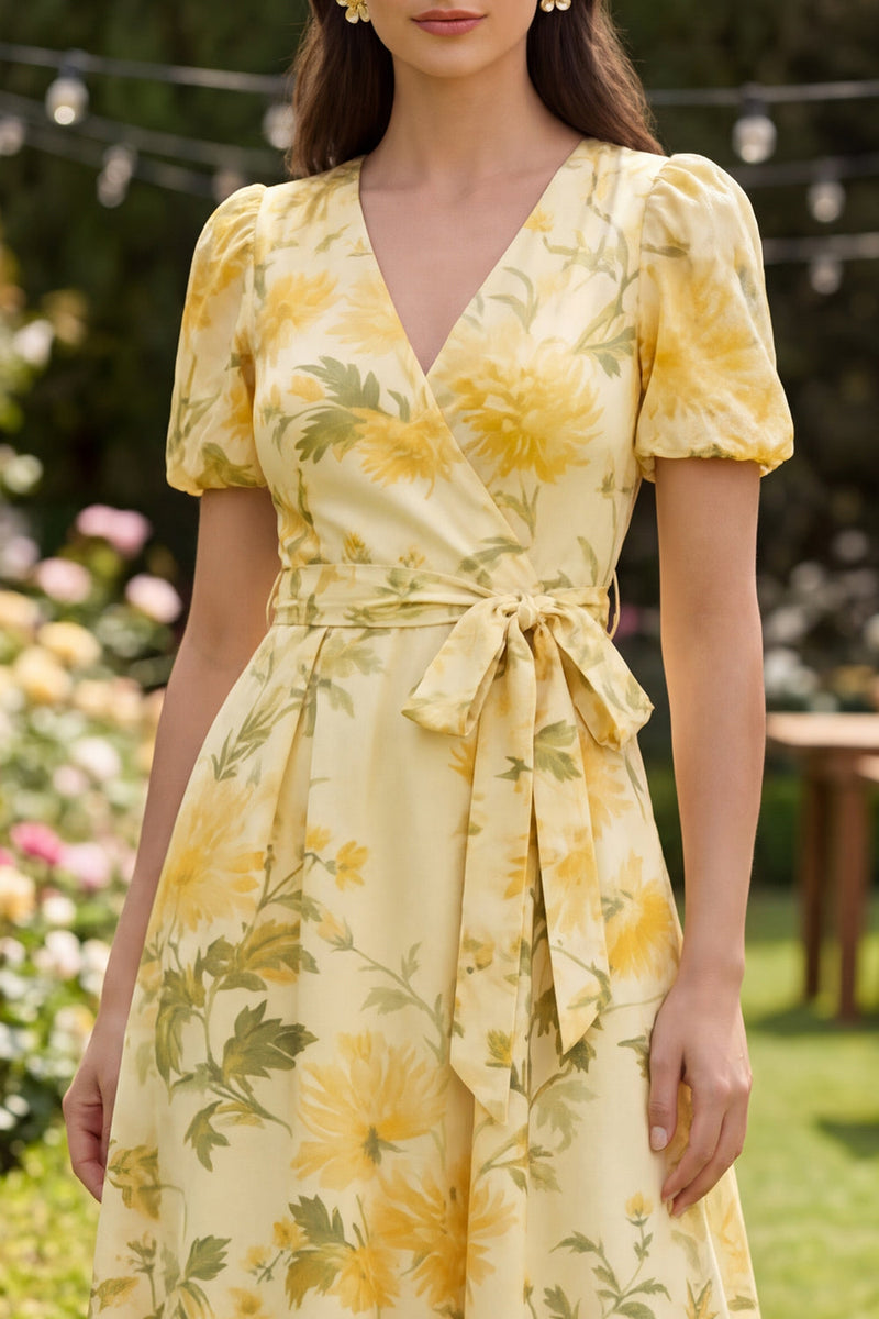 Load image into Gallery viewer, Floral Butter Yellow Puff Sleeves Ruffled A Line Maxi Wedding Guest Dress with Bow