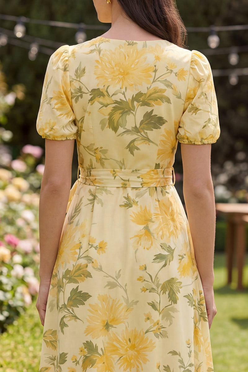 Load image into Gallery viewer, Floral Butter Yellow Puff Sleeves Ruffled A Line Maxi Wedding Guest Dress with Bow
