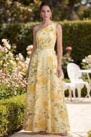 Load image into Gallery viewer, One Shoulder Ruched Butter Yellow Floral A Line Maxi Wedding Guest Dress