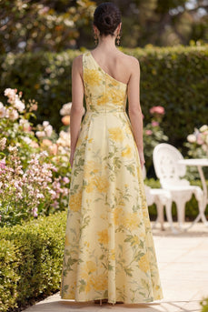 One Shoulder Ruched Butter Yellow Floral A Line Maxi Wedding Guest Dress