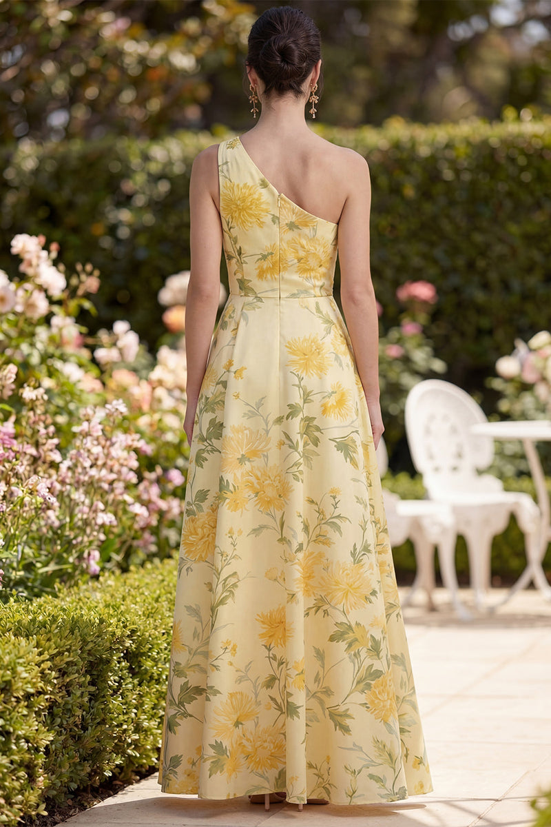 Load image into Gallery viewer, One Shoulder Ruched Butter Yellow Floral A Line Maxi Wedding Guest Dress