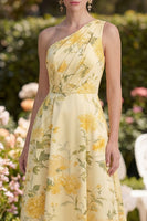 Load image into Gallery viewer, One Shoulder Ruched Butter Yellow Floral A Line Maxi Wedding Guest Dress
