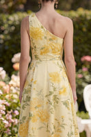 Load image into Gallery viewer, One Shoulder Ruched Butter Yellow Floral A Line Maxi Wedding Guest Dress