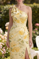 Load image into Gallery viewer, One Shoulder Butter Yellow Floral Ruched Maxi Wedding Guest Dress with Slit