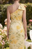 Load image into Gallery viewer, One Shoulder Butter Yellow Floral Ruched Maxi Wedding Guest Dress with Slit