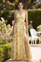 Load image into Gallery viewer, A Line Maxi Butter Yellow Floral V-Neck Ruched Wedding Guest Dress with Slit