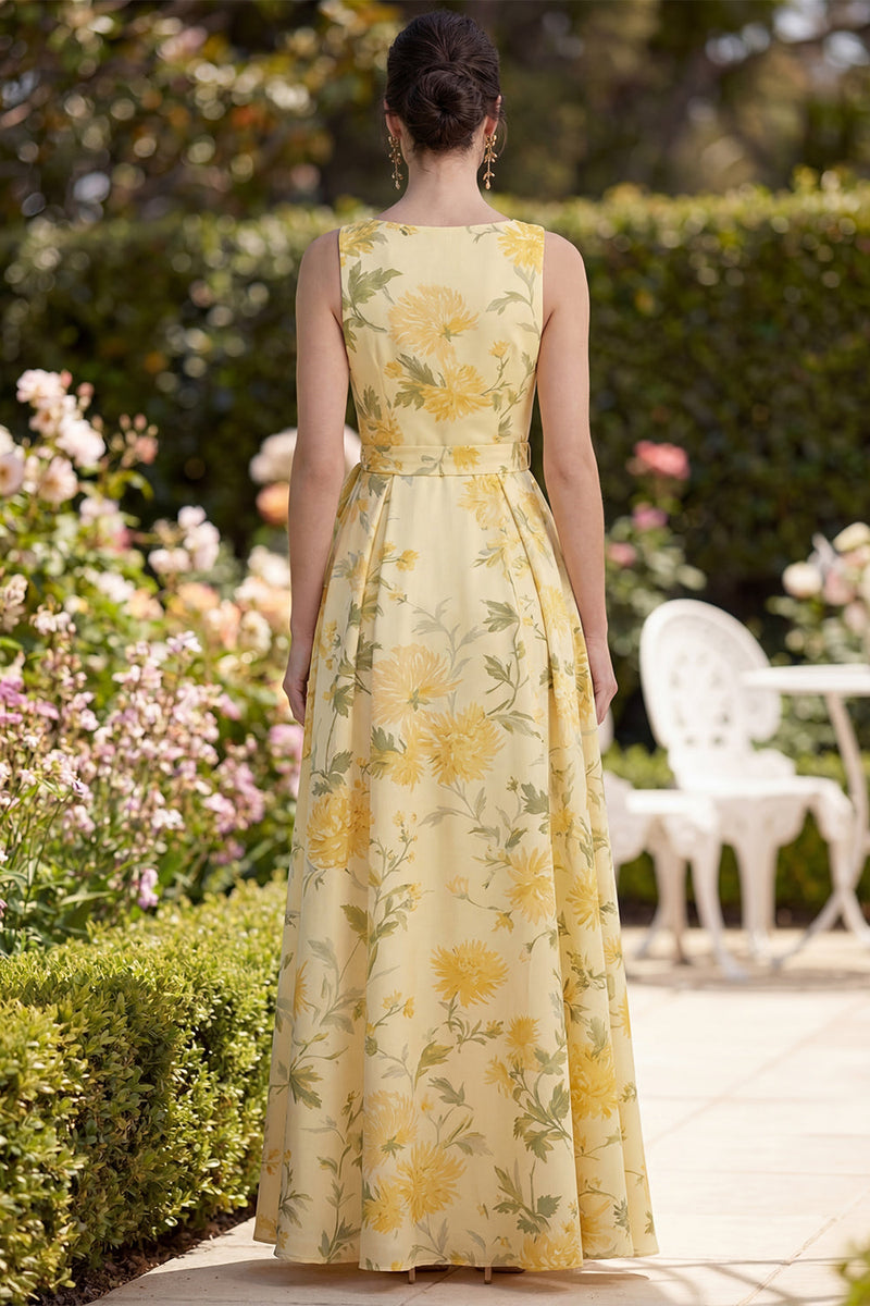 Load image into Gallery viewer, A Line Maxi Butter Yellow Floral V-Neck Ruched Wedding Guest Dress with Slit