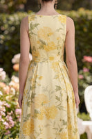 Load image into Gallery viewer, A Line Maxi Butter Yellow Floral V-Neck Ruched Wedding Guest Dress with Slit