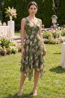 Load image into Gallery viewer, Dark Green Ruched Floral A Line V-Neck Asymmetrical Wedding Guest Dress with Ruffles