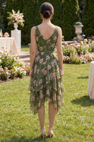 Load image into Gallery viewer, Dark Green Ruched Floral A Line V-Neck Asymmetrical Wedding Guest Dress with Ruffles