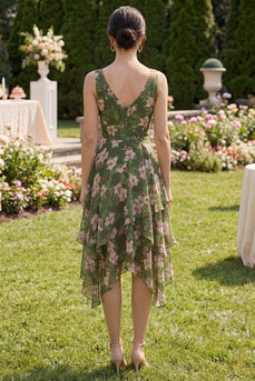 Dark Green Ruched Floral A Line V-Neck Asymmetrical Wedding Guest Dress with Ruffles