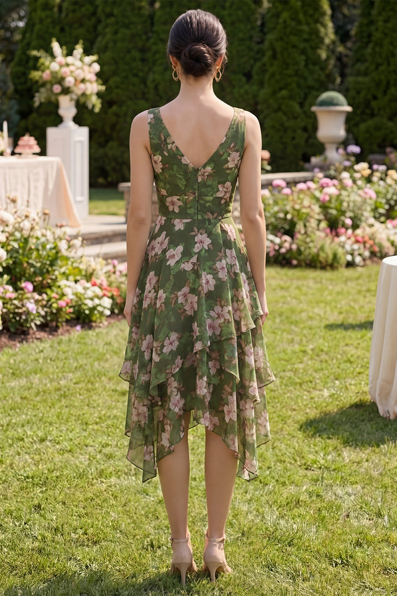 Load image into Gallery viewer, Dark Green Ruched Floral A Line V-Neck Asymmetrical Wedding Guest Dress with Ruffles