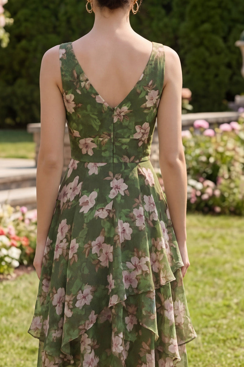 Load image into Gallery viewer, Dark Green Ruched Floral A Line V-Neck Asymmetrical Wedding Guest Dress with Ruffles