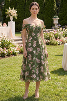 Load image into Gallery viewer, Off the Shoulder Dark Green Floral A Line Maxi Beach Wedding Guest Dress