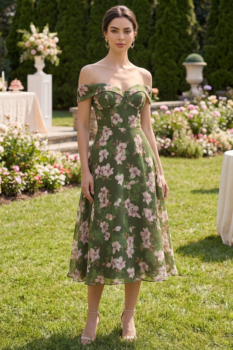 Load image into Gallery viewer, Off the Shoulder Dark Green Floral A Line Maxi Beach Wedding Guest Dress