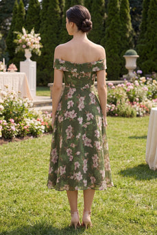 Off the Shoulder Dark Green Floral A Line Maxi Beach Wedding Guest Dress