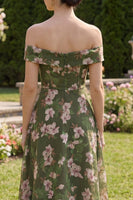 Load image into Gallery viewer, Off the Shoulder Dark Green Floral A Line Maxi Beach Wedding Guest Dress
