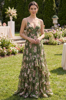 Load image into Gallery viewer, Spaghetti Straps Floral Dark Green A Line Long Beach Wedding Guest Dress with Ruffles