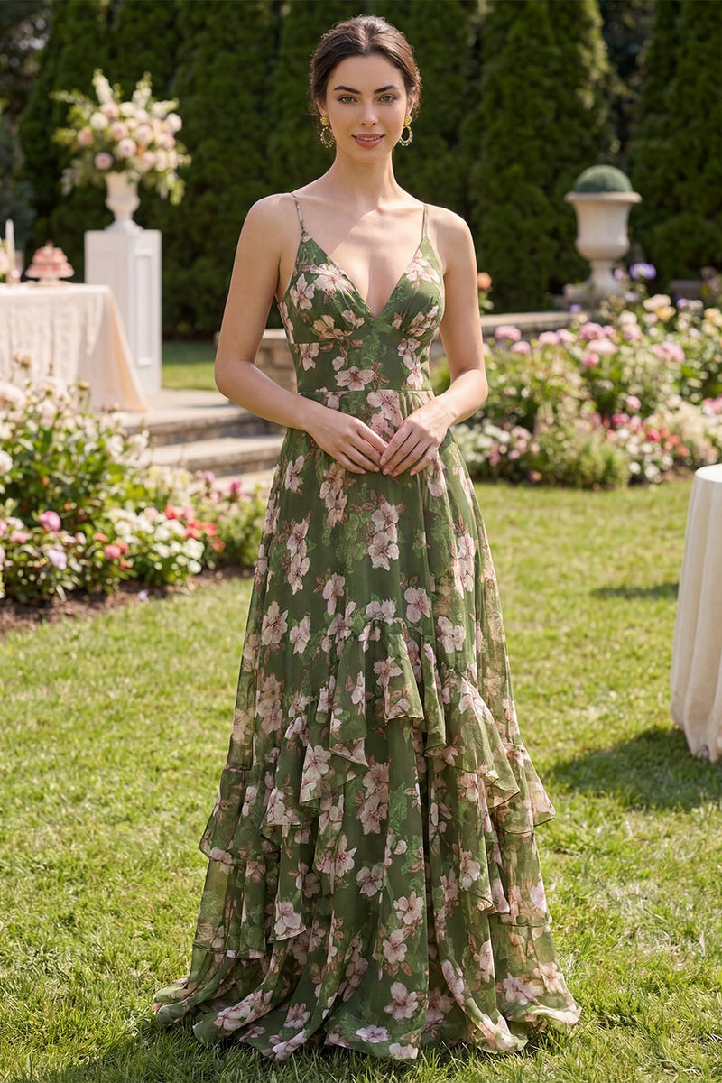 Load image into Gallery viewer, Spaghetti Straps Floral Dark Green A Line Long Beach Wedding Guest Dress with Ruffles