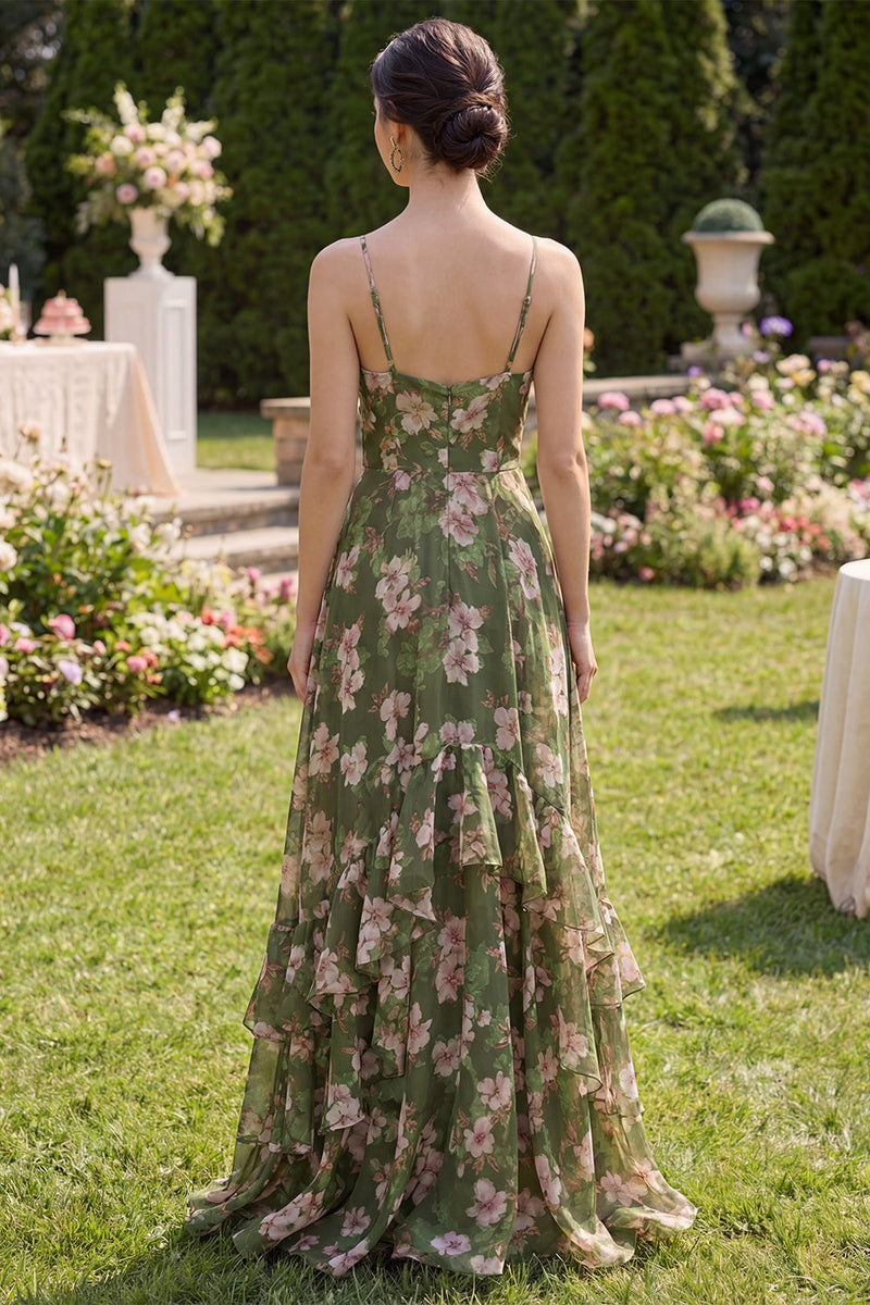 Load image into Gallery viewer, Spaghetti Straps Floral Dark Green A Line Long Beach Wedding Guest Dress with Ruffles