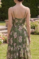 Load image into Gallery viewer, Spaghetti Straps Floral Dark Green A Line Long Beach Wedding Guest Dress with Ruffles