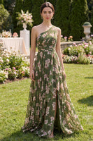 Load image into Gallery viewer, Ruffled Dark Green Floral A Line Ruched Long Beach Wedding Guest Dress with Slit