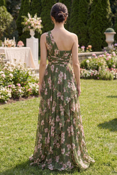 Ruffled Dark Green Floral A Line Ruched Long Beach Wedding Guest Dress with Slit