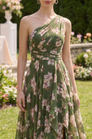 Load image into Gallery viewer, Ruffled Dark Green Floral A Line Ruched Long Beach Wedding Guest Dress with Slit