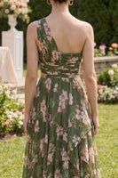 Load image into Gallery viewer, Ruffled Dark Green Floral A Line Ruched Long Beach Wedding Guest Dress with Slit