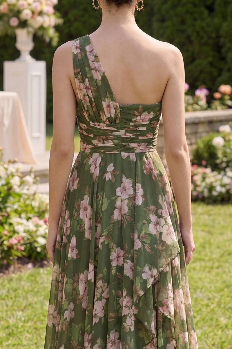 Load image into Gallery viewer, Ruffled Dark Green Floral A Line Ruched Long Beach Wedding Guest Dress with Slit