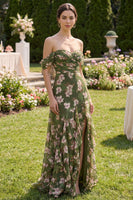 Load image into Gallery viewer, Long Dark Green Floral Ruched Beach A Line Wedding Guest Dress with Ruffles