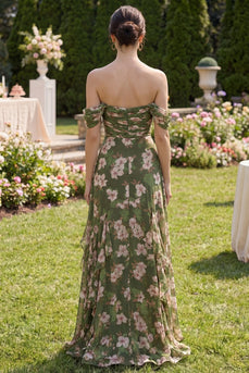 Long Dark Green Floral Ruched Beach A Line Wedding Guest Dress with Ruffles