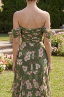 Load image into Gallery viewer, Long Dark Green Floral Ruched Beach A Line Wedding Guest Dress with Ruffles
