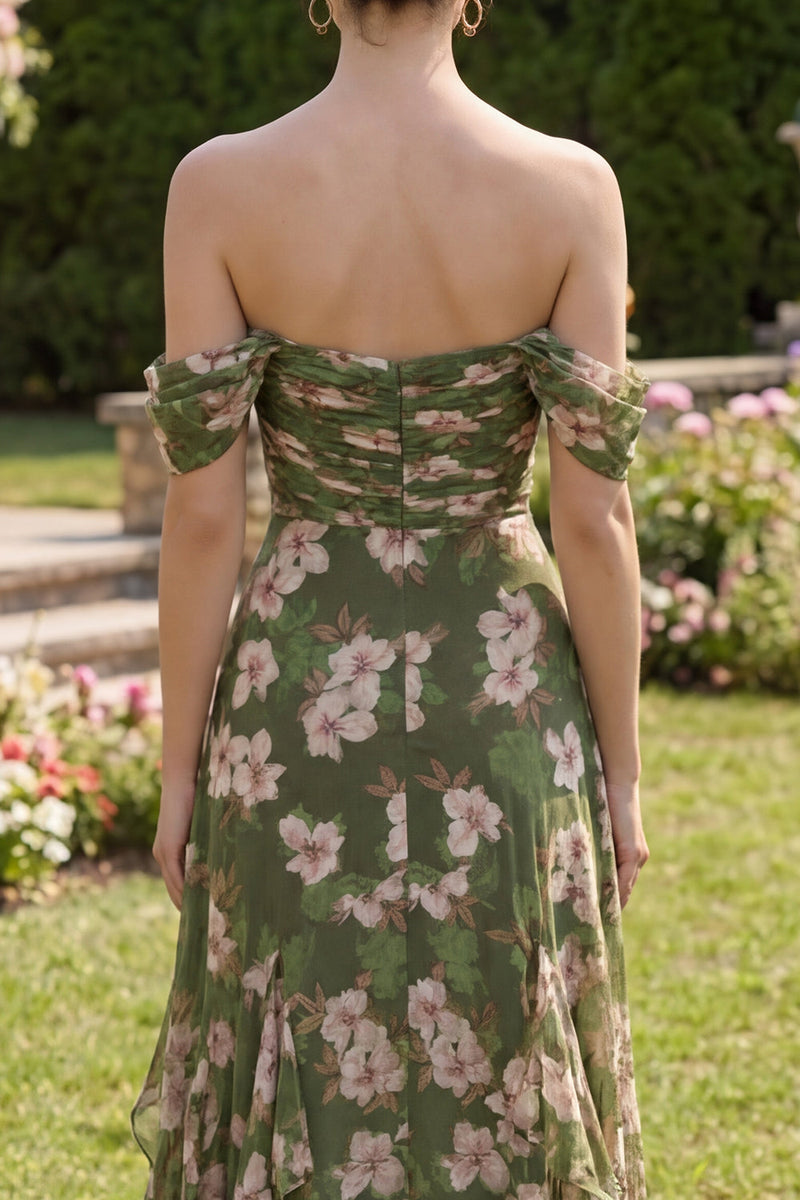 Load image into Gallery viewer, Long Dark Green Floral Ruched Beach A Line Wedding Guest Dress with Ruffles