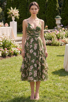 Load image into Gallery viewer, V-Neck Dark Green Floral Ruched A Line Maxi Beach Wedding Guest Dress with Ruffles