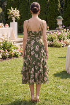 V-Neck Dark Green Floral Ruched A Line Maxi Beach Wedding Guest Dress with Ruffles