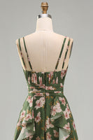 Load image into Gallery viewer, V-Neck Dark Green Floral Ruched A Line Maxi Beach Wedding Guest Dress with Ruffles