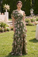Load image into Gallery viewer, Flutter Sleeves Floral Dark Green A Line Long Beach Wedding Guest Dress with Ruffles