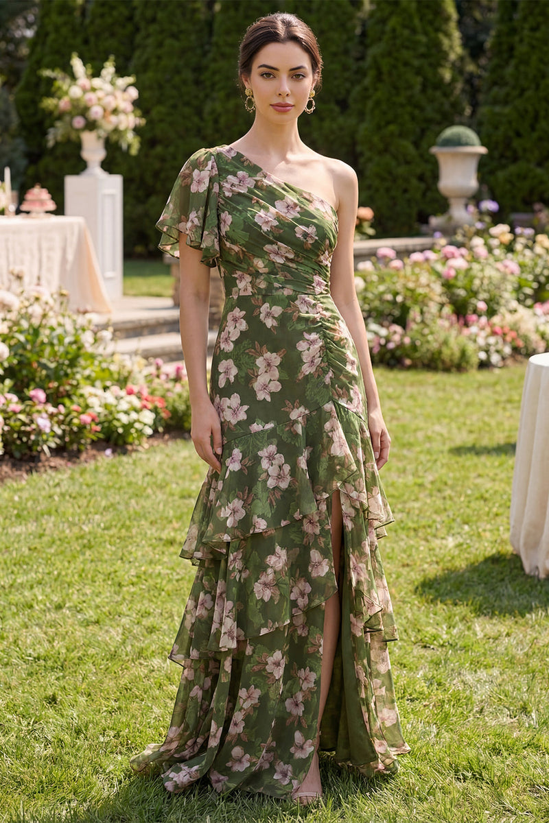 Load image into Gallery viewer, Flutter Sleeves Floral Dark Green A Line Long Beach Wedding Guest Dress with Ruffles