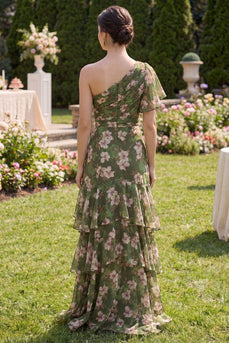 Flutter Sleeves Floral Dark Green A Line Long Beach Wedding Guest Dress with Ruffles