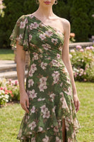 Load image into Gallery viewer, Flutter Sleeves Floral Dark Green A Line Long Beach Wedding Guest Dress with Ruffles