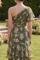 Load image into Gallery viewer, Flutter Sleeves Floral Dark Green A Line Long Beach Wedding Guest Dress with Ruffles
