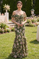 Load image into Gallery viewer, Mermaid Floral Dark Green Long Beach Wedding Guest Dress with Ruffles