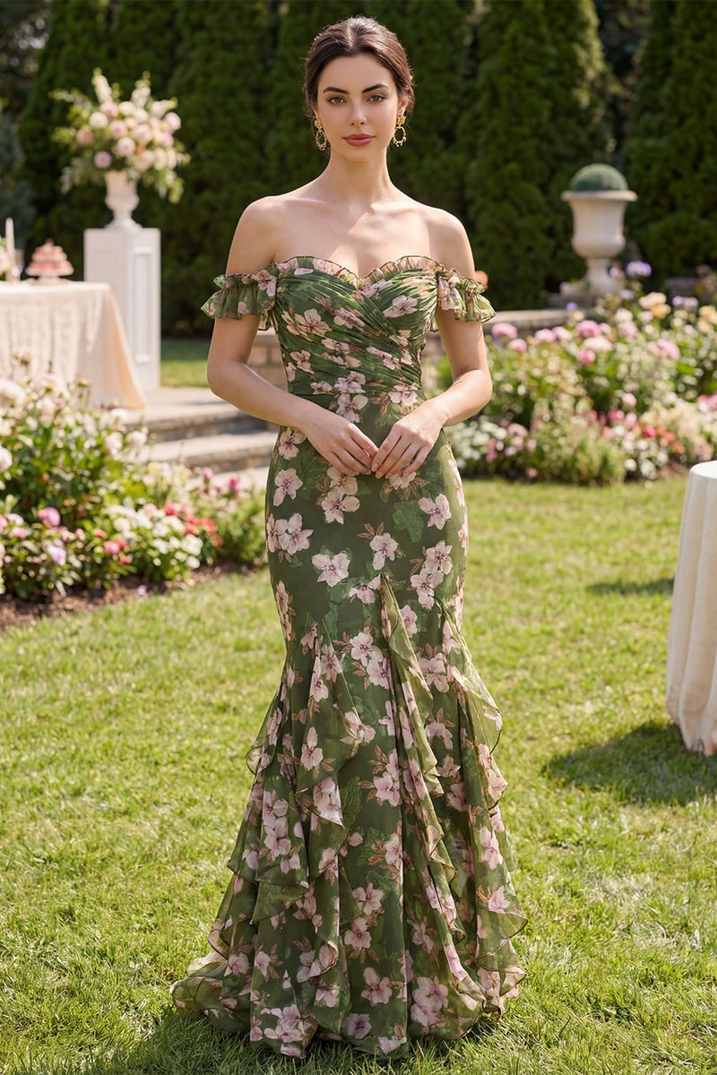 Load image into Gallery viewer, Mermaid Floral Dark Green Long Beach Wedding Guest Dress with Ruffles