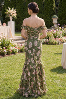 Load image into Gallery viewer, Mermaid Floral Dark Green Long Beach Wedding Guest Dress with Ruffles