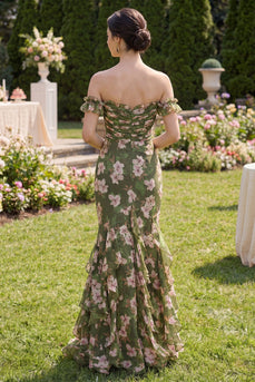 Mermaid Floral Dark Green Long Beach Wedding Guest Dress with Ruffles